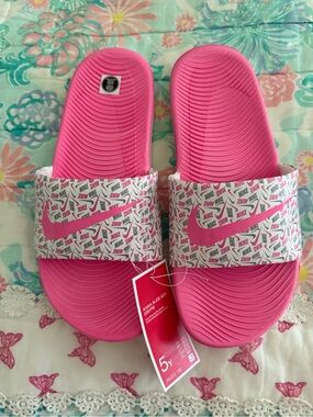Nike Hot Pink and White Logo Print Slide Sandals